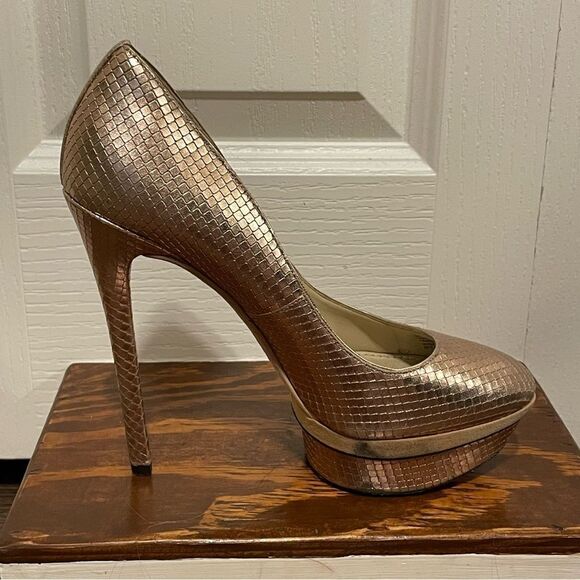 Brian Atwood Rose Gold Snakeskin Embossed Stiletto Platform Ultra High Heels 8.5 - Picture 7 of 14